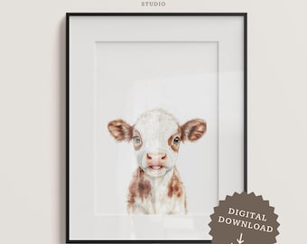 Baby Cow Print: Watercolor Calf, Neutral Farmhouse Nursery (Digital Download)