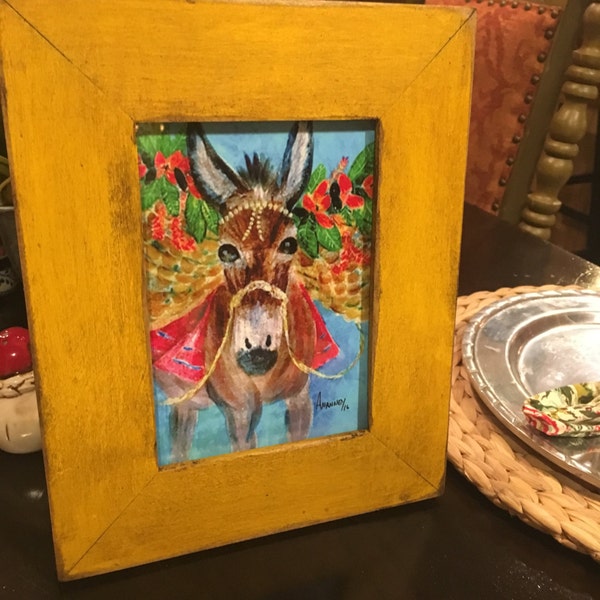 Jamaica Jack Donkey Print  Hand Painted Distressed Yellow Frame