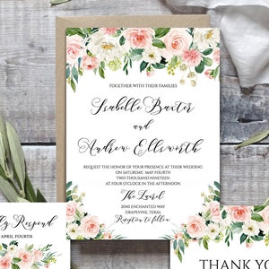 May include: Wedding invitation suite with floral designs. The invitation features the names "Isabelle Baxter" and "Andrew Ellsworth" with the date "May 4, 2019". The RSVP card includes the text "Kindly Respond by April Fourth". The details card includes the text "Details for our wedding details, including accommodations and driving directions. Please visit our wedding website: theknot.com/us/isabelleandandrew".