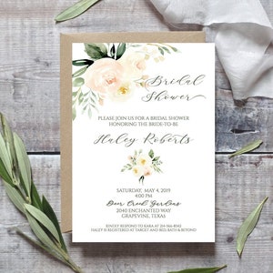 Bridal Shower Invitation Template, Printable Bridal Shower Invitation, Blush Pink, Ivory & Greenery Floral Bridal Shower Invitation, MP2