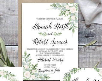 Printable Wedding Invitation Template, Wedding Invitation Printable, wedding invitation greenery template, Botanical Invitation Template