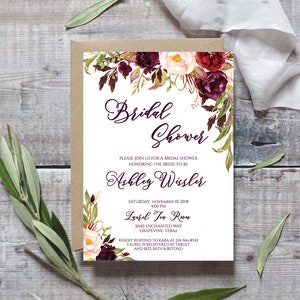 Bridal Shower Invitation Template, Printable Bridal Shower Invitation, Marsala Floral Shower Invitation, Burgundy Shower Template