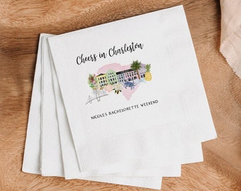 Charleston Bachelorette Party Cocktail Napkins, Full Color Personalized Cheers in Charleston Napkins, Bachelorette Weekend Napkins, Party