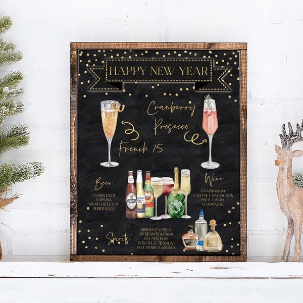 New Year's Eve Bar Menu Template, Glitter Lights New Years Eve Cocktail Sign, Holiday Drink Menu, Black & Gold Bar Sign 3,000+ Drink Images