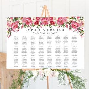 Helder roze bruiloft zitplaatsen grafiek sjabloon, hete roze pioenroos bloemen zitplaatsen plan, kleurrijke bewerkbare rustieke Boho lente zomer zitplaatsen plan
