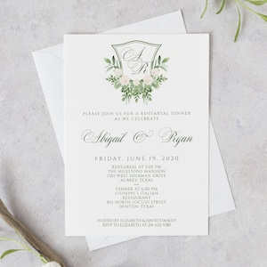 Wedding Rehearsal Dinner Invitation Template, Green Crest Monogram Rehearsal Dinner Invitation Printable, Greenery Rehearsal Dinner Invite