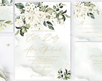 Modèle d'invitation de mariage du sud, faire-part de mariage Magnolia imprimable, faire-part de mariage aquarelle Floral blanc rustique, téléchargement bricolage