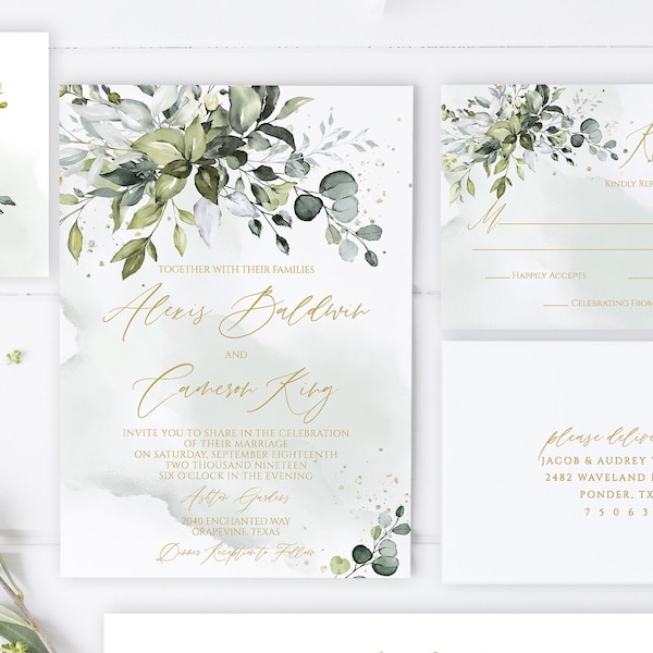 Plantilla de invitación de boda con suculentas: Verde dorado, imprimible (descarga digital)