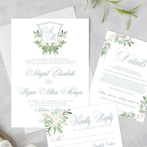 Dusty Blue Wedding Invitation Printable, Classic Monogram Wedding Invitation Template, Greenery Wedding Invitation, Crest Wedding Invitation