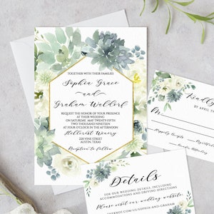 Wedding Invitation Printable, Wedding Invitation Template, Dusty Blue Wedding Invitation Suite, Succulent Geometric Gold Invitation, MP102