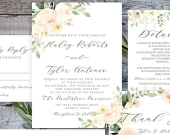 Printable Wedding Invitation Template, Blush Pink and Ivory Floral Wedding Invitation Printable, Greenery Wedding Invitation Suite, MP2