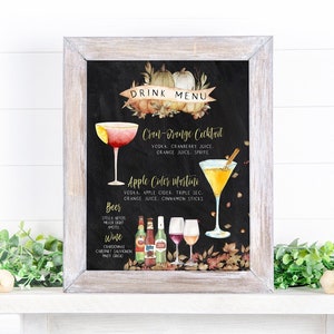 Cartello per bevande firmate autunnali, modello per cocktail firmati autunnali, modello di cartello per menu bar zucca, cartello per bevande firmate, bar del Ringraziamento