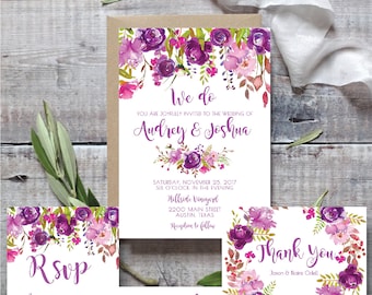 Floral Wedding Invitation Set: Lavender, Lilac, Purple (Printable Template)