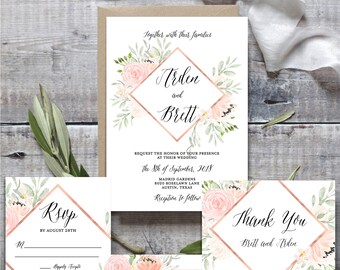 Rose Gold Geometric Wedding Invitation Set (Printable Template)