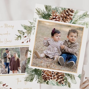 Modello di biglietto di Natale fotografico, biglietto di Natale rustico, biglietto di auguri con pigne e verde, biglietto di Natale in stile boscoso, biglietto boho, download immediato