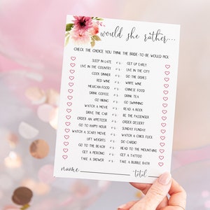 Bright Pink Dahlia, Would She Rather Bridal Shower Game Template, Personalized Bridal Shower Game, Instant Download, Hot Pink Floral
