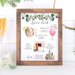 Signature Drinks Sign, Editable Signature Cocktails Template, Bar Menu Sign Template, Signature Drinks Sign, 4,000+ Drink Images, Greenery