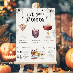 Menù del bar di Halloween stampabile, cocktail esclusivi di Halloween, modello di menù per bevande, drink esclusivo spettrale, cartello di Halloween con ragno inquietante