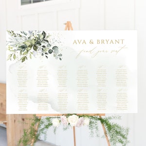Plantilla de tabla de asientos de boda, tabla de asientos de vegetación y oro imprimible, suculenta, plan de asientos de eucalipto, tabla de asientos de bricolaje boda