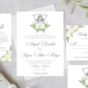 White Hydrangea Wedding Invitation Template, Monogram Wedding Crest Invitation Set, Greenery Wedding Invitation, Crest Wedding Invitation