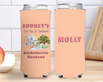 Savannah Bachelorette Party Favor, Savannah Slim Can Cooler, Personalized Bachelorette Can Cooler, Georgia Peach Bachelorette, Drink Holder