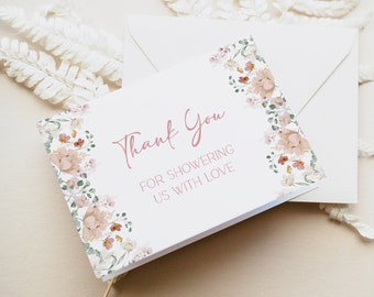 Wildflower Thank You Card Template, Spring Floral Printable Dusty Rose Shower Thank You Card, DIY Editable Personalized Thank You, Elle