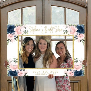 Photo Prop Frame Printable, Blush Pink and Navy Floral Bridal Shower Photo Prop Frame Template, Boho Shower Decoration, DIY Shower Backdrop