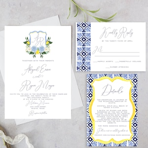 Italian Wedding Invitation with Lemons and Ceramic Tiles, Amalfi Coast Inspired Wedding Invitation Template, Italy Style Monogram Crest