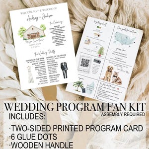 May include: Wedding program fan kit with two-sided printed program card, 6 glue dots, and wooden handle. The program includes details for the wedding of Audrey and Jackson, including the ceremony, wedding party, and a QR code.