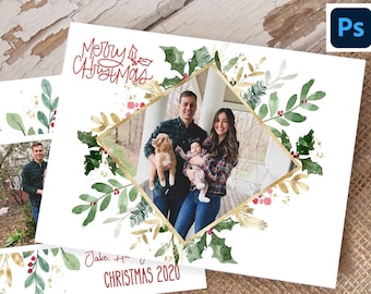 May include: A Christmas card with a watercolor design of green leaves, gold accents, and red berries. The card features a photo of a family of three with a dog, and the text "Merry Christmas" and "Jake... Happy Christmas 2020".