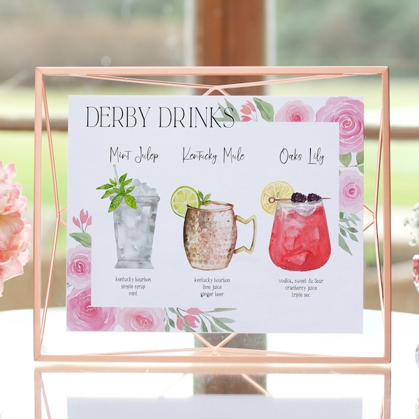 Kentucky Derby Drink Sign Template, Editable Derby Day Party Drink Menu, Mint Julep, Kentucky Mule, Oaks Lily Cocktails Sign, Pink Roses
