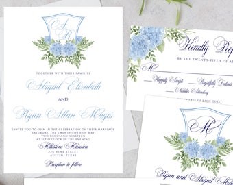 Blue Hydrangea Wedding Invitation Printable, Classic Monogram Greenery Wedding Invitation Template, DIY Invitation, Crest Wedding Invitation