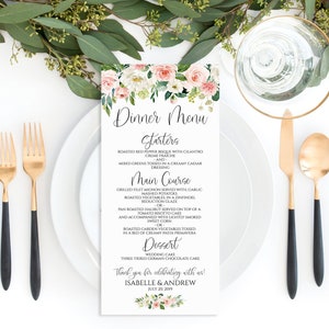 PRINTED Wedding Menu, Blush Pink Floral and Greenery Wedding Menu, Botanical Wedding Menu, 4&quot;x9&quot;, Floral Wedding Menu, Boho Rustic Menu MP08
