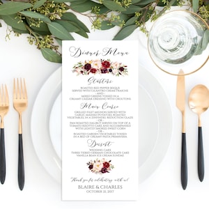 Afdrukbare bruiloft diner menusjabloon, Marsala bruiloft diner menusjabloon, afdrukbare Bourgondische dinermenu, Blush roze menusjabloon