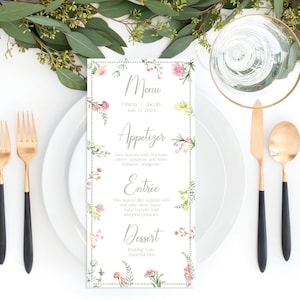 Plantilla imprimible del menú de la cena de flores silvestres, menú de boda editable floral delicado, menú de despedida de soltera, menú Love in Bloom, descarga instantánea