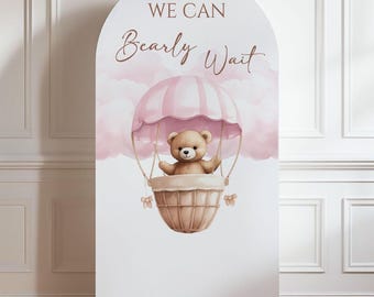 We Can Bearly Wait Pink Arch Backdrop, Baby Girl Shower Teddy Bear Balloon Decor, Baby Shower Photo Backdrop