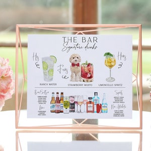 Cartello per bevande con animale domestico, cartello per bevande minimalista per animali domestici, matrimonio, cartello per cocktail firmato per lei e pellicce, cartello per bevande moderne per animali domestici, fai da te