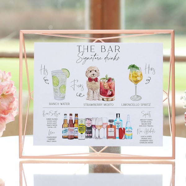 Signature Drink Sign with Pet, Minimalist Pet Drink Sign Wedding, His Hers and Furs Signature Cocktail Sign, Modern Drinks Sign Pets, DIY