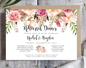 PRINTABLE Wedding Rehearsal Dinner Invitation Template / Editable - Pink / Blush / Marsala / Rose / Burgundy Floral / Wedding Dinner