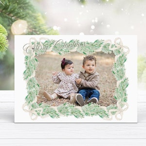 Grandmillennial Photo Christmas Card Template, Watercolor Christmas Card, Garland Holiday Card, Festive Christmas Card, Instant Download