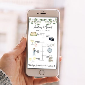 Plantilla de itinerario de boda, línea de tiempo de boda electrónica, línea de tiempo de teléfono móvil, líneas de tiempo digitales de vegetación, iPhone de teléfono inteligente editable
