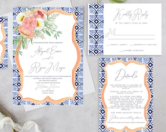 Italian Wedding Invitation with Coral Orange and Ceramic Tiles, Amalfi Coast Inspired Wedding Invitation Template, Mediterranean Italy Style