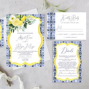 Italian Wedding Invitation with Lemons and Ceramic Tiles, Amalfi Coast Inspired Wedding Invitation Template, Mediterranean Italy Style