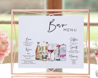 Modèle de menu de bar, modèle de menu de boissons modifiable moderne, menu de bar imprimable minimaliste, enseigne de boissons signature, plus de 4 000 images de boissons, verdure