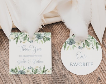 Succulent Blue Floral Favor Tag, Bridal Shower Stickers, Blue Floral Gift Label, Wildflower Favor Tags, Baby Shower Tags, Editable Template