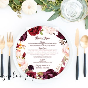 Modello di menu rotondo per cena, menu rotondo per cena di nozze stampabile, menu rotondo Marsala stampabile, menu rosa cipria, modello di menu rotondo oro