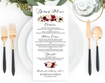 Marsala Wedding Dinner Menu Template: Burgundy Floral (Printable)