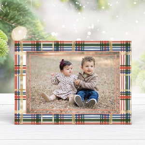 Photo Christmas Card Template, Pink Plaid Christmas Card, Navy Red Green Gold Plaid Holiday Card, Preppy Christmas Card, Instant Download