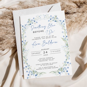 Modèle d'invitation de douche nuptiale floral bleu quelque chose, carte de recette, invitation de douche de fleurs sauvages bleues, brunch nuptiale modifiable, téléchargement