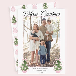 Grandmillennial kerstkaartsjabloon, kerstkaart chinoiserie, kerstkaart Grandmillenial foto, kerstkaart Coquette Pink Bow